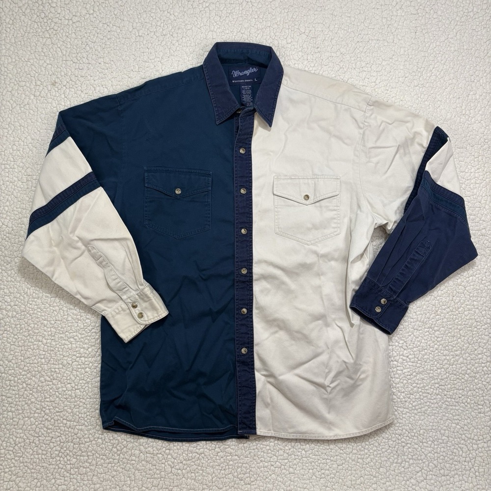 Wrangler Brushpopper Western Shirt Mens L Colorblock Vintage Button Blue Cream